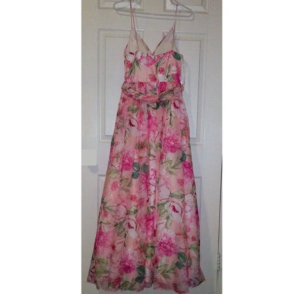 Pink Dress Belted Floral Spaghetti Strap V Neck - Size 3 Maxi - Picture 5 of 7